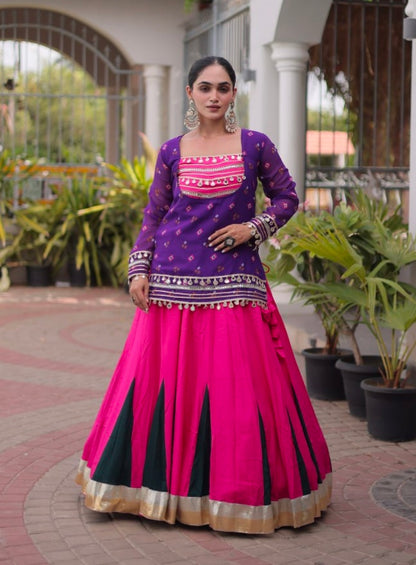 Purple &amp; Pink Pure Georgette Bandhani Print Kutchi Navratri Lehenga Choli