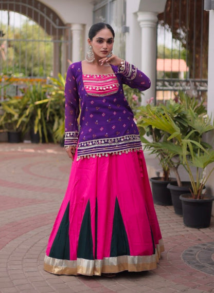 Purple &amp; Pink Pure Georgette Bandhani Print Kutchi Navratri Lehenga Choli