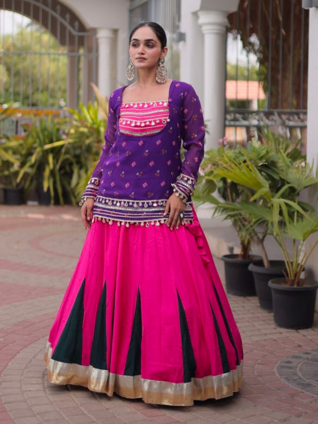 Purple &amp; Pink Pure Georgette Bandhani Print Kutchi Navratri Lehenga Choli