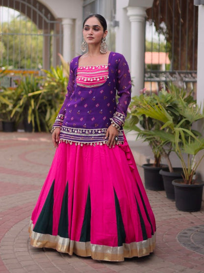 Purple &amp; Pink Pure Georgette Bandhani Print Kutchi Navratri Lehenga Choli