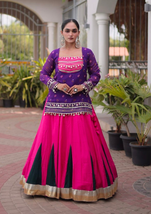 Purple &amp; Pink Pure Georgette Bandhani Print Kutchi Navratri Lehenga Choli