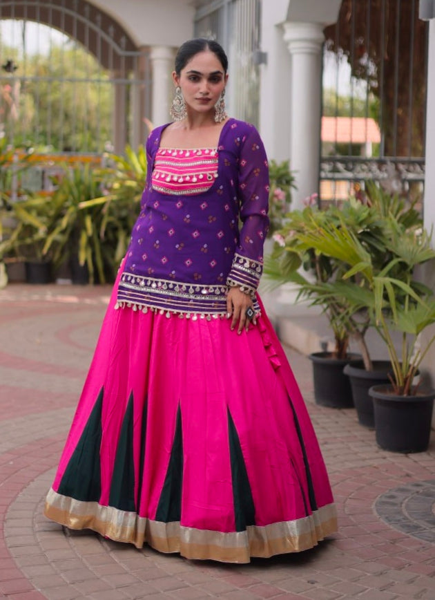 Purple &amp; Pink Pure Georgette Bandhani Print Kutchi Navratri Lehenga Choli