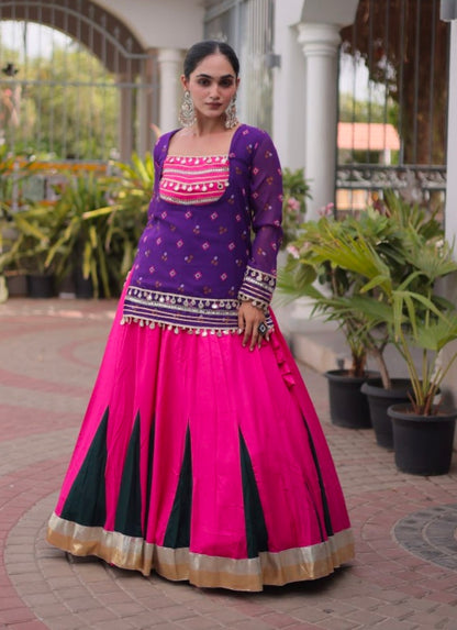 Purple &amp; Pink Pure Georgette Bandhani Print Kutchi Navratri Lehenga Choli
