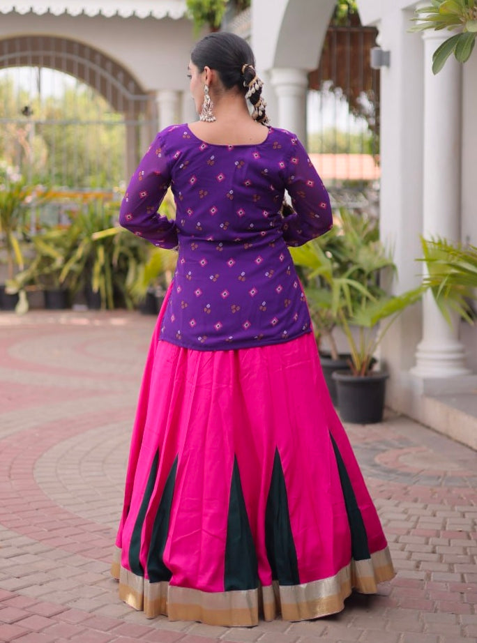 Purple &amp; Pink Pure Georgette Bandhani Print Kutchi Navratri Lehenga Choli