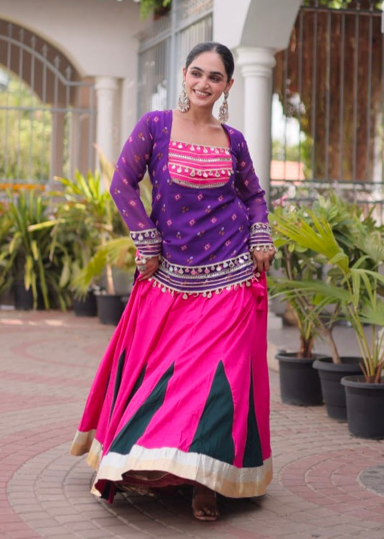 Purple &amp; Pink Pure Georgette Bandhani Print Kutchi Navratri Lehenga Choli