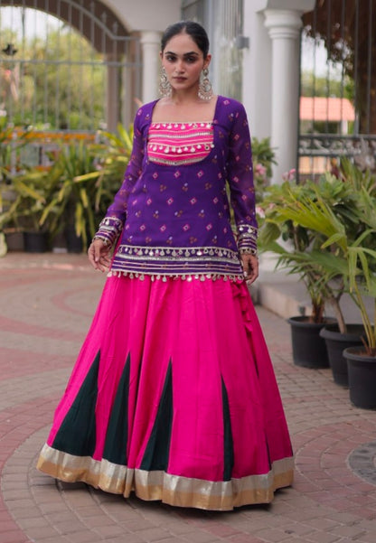 Purple &amp; Pink Pure Georgette Bandhani Print Kutchi Navratri Lehenga Choli