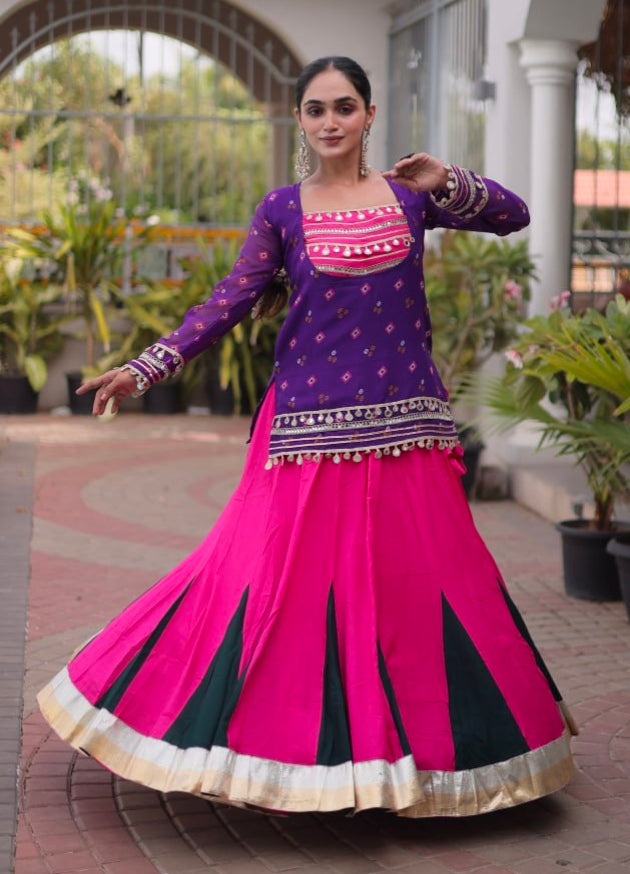 Purple &amp; Pink Pure Georgette Bandhani Print Kutchi Navratri Lehenga Choli