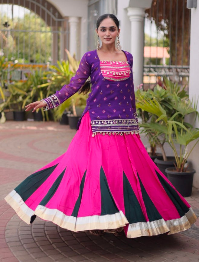 Purple &amp; Pink Pure Georgette Bandhani Print Kutchi Navratri Lehenga Choli