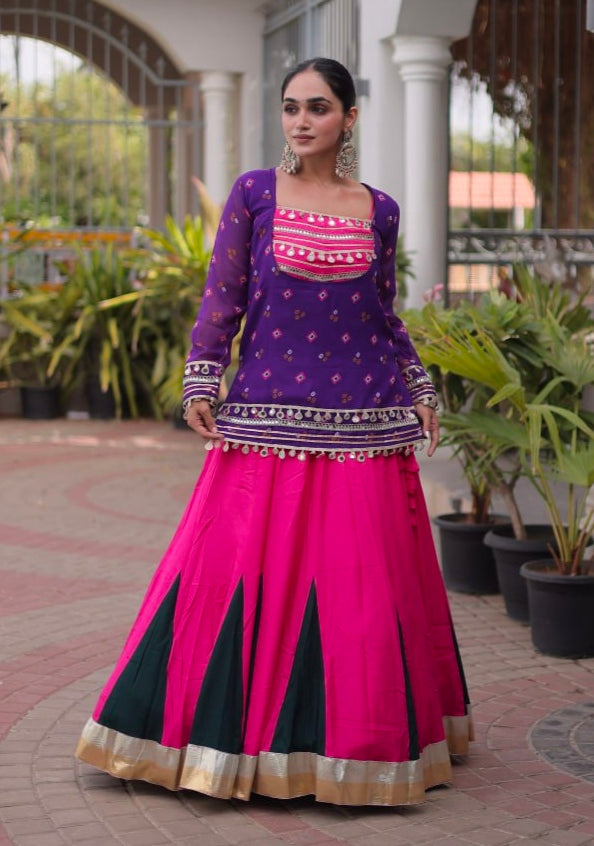 Purple &amp; Pink Pure Georgette Bandhani Print Kutchi Navratri Lehenga Choli