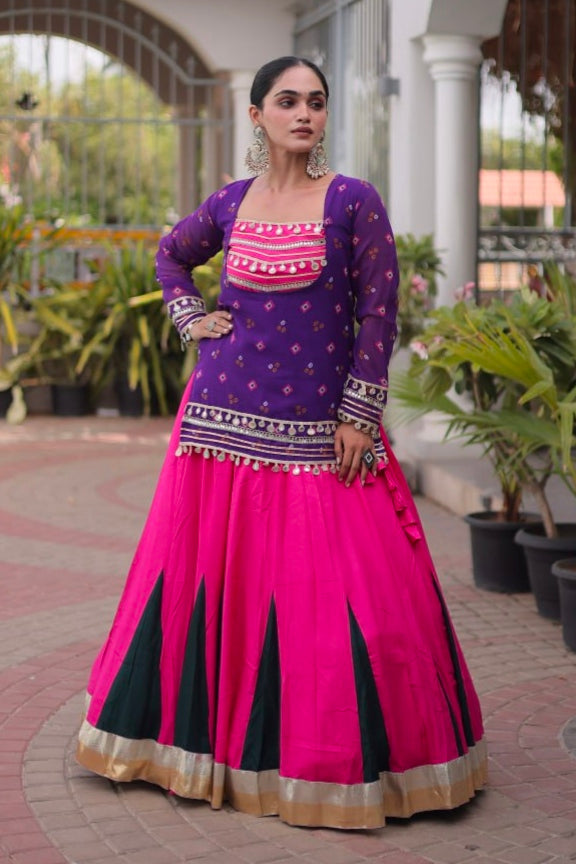 Purple &amp; Pink Pure Georgette Bandhani Print Kutchi Navratri Lehenga Choli