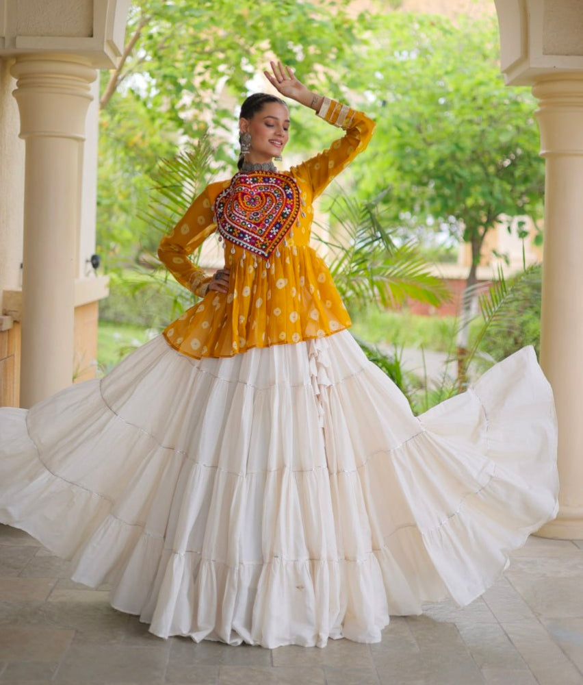 Yellow Pure Georgette Bandhani Print Kutchi Navratri Lehenga Choli