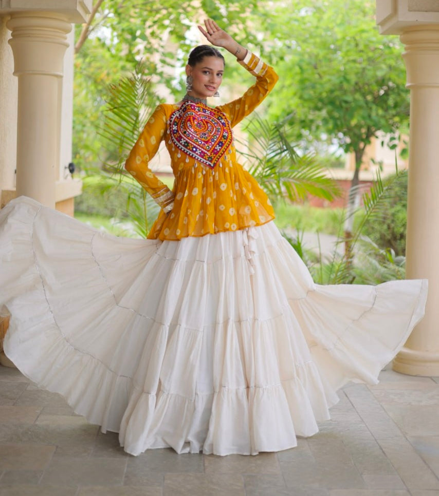 Yellow Pure Georgette Bandhani Print Kutchi Navratri Lehenga Choli