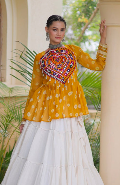 Yellow Pure Georgette Bandhani Print Kutchi Navratri Lehenga Choli