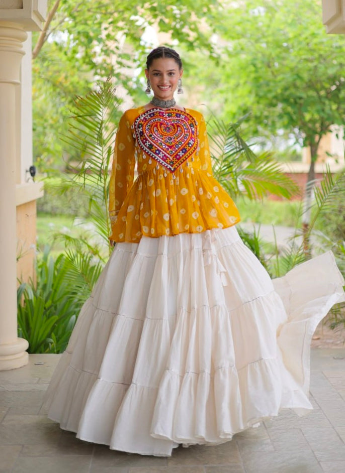 Yellow Pure Georgette Bandhani Print Kutchi Navratri Lehenga Choli