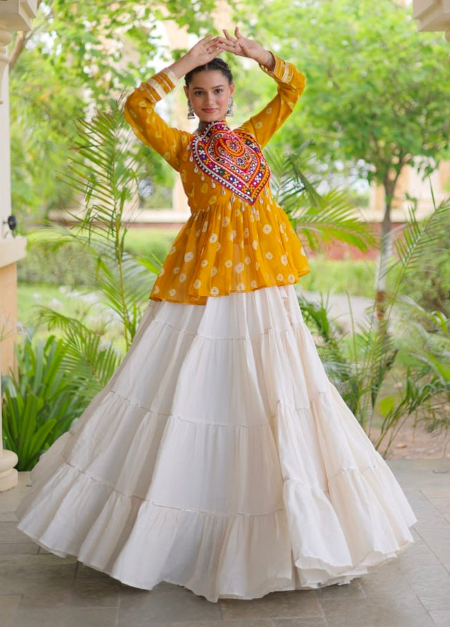 Yellow Pure Georgette Bandhani Print Kutchi Navratri Lehenga Choli