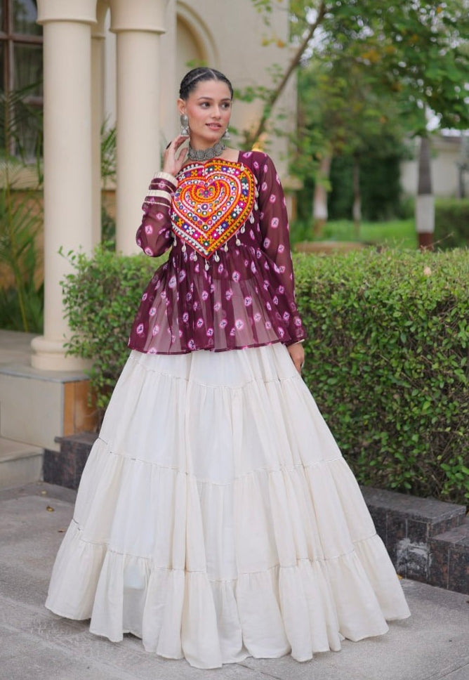 Wine Pure Georgette Bandhani Print Kutchi Navratri Lehenga Choli