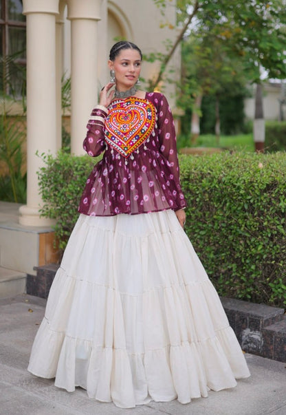 Wine Pure Georgette Bandhani Print Kutchi Navratri Lehenga Choli