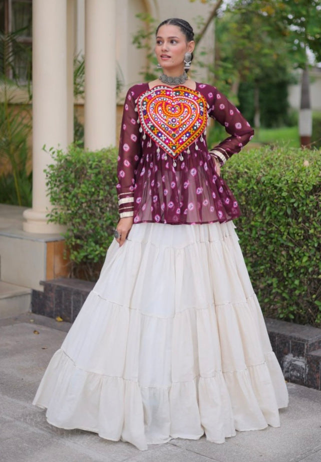 Wine Pure Georgette Bandhani Print Kutchi Navratri Lehenga Choli