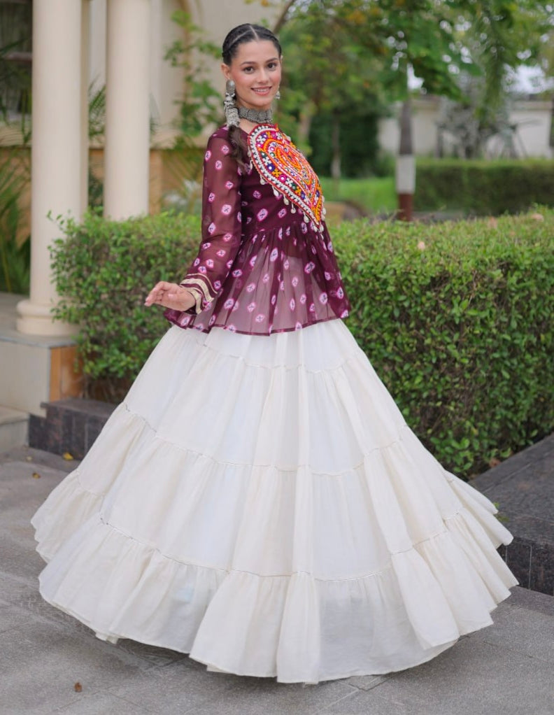 Wine Pure Georgette Bandhani Print Kutchi Navratri Lehenga Choli