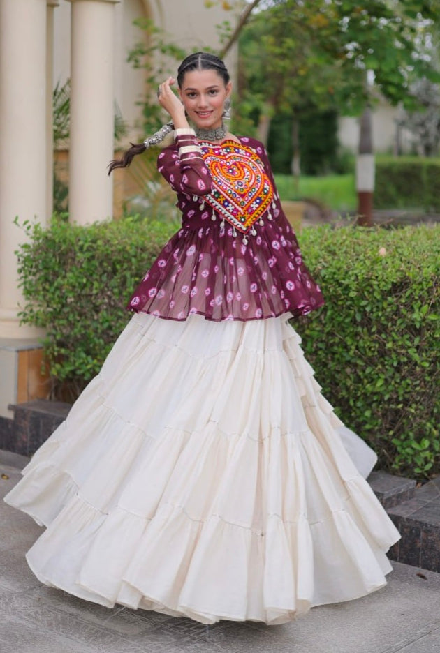 Wine Pure Georgette Bandhani Print Kutchi Navratri Lehenga Choli