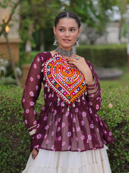 Wine Pure Georgette Bandhani Print Kutchi Navratri Lehenga Choli