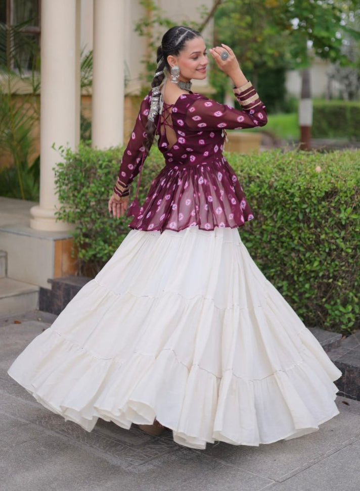 Wine Pure Georgette Bandhani Print Kutchi Navratri Lehenga Choli