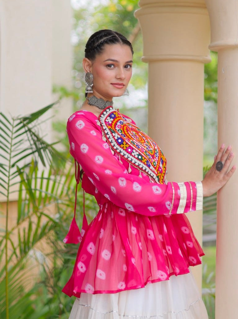 Pink Pure Georgette Bandhani Print Kutchi Navratri Lehenga Choli