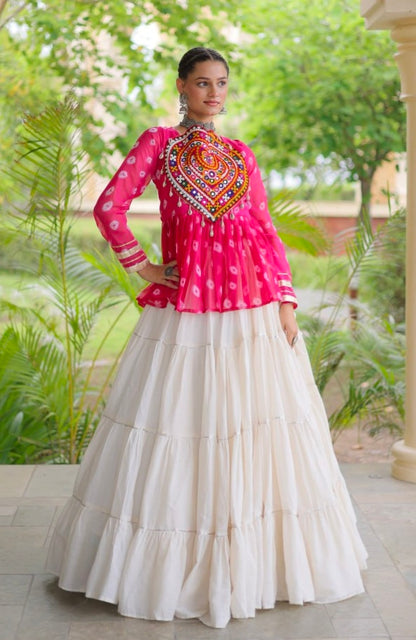 Pink Pure Georgette Bandhani Print Kutchi Navratri Lehenga Choli