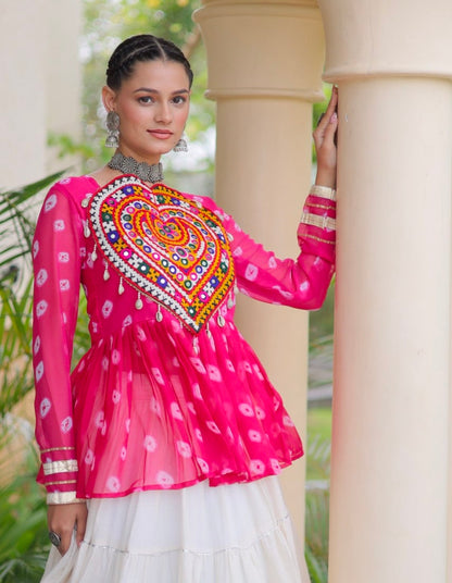 Pink Pure Georgette Bandhani Print Kutchi Navratri Lehenga Choli