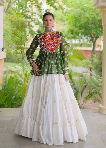Green Pure Georgette Bandhani Print Kutchi Navratri Lehenga Choli