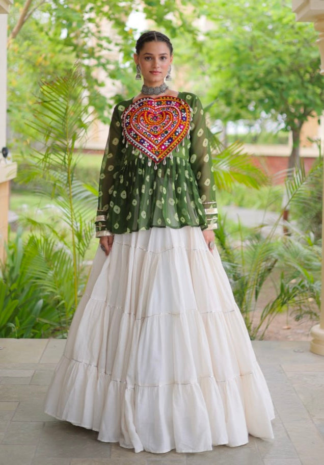Green Pure Georgette Bandhani Print Kutchi Navratri Lehenga Choli