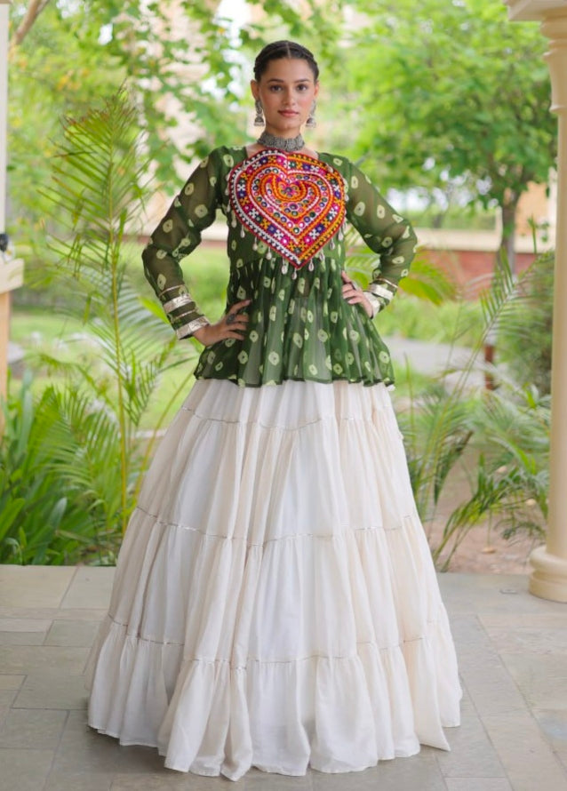 Green Pure Georgette Bandhani Print Kutchi Navratri Lehenga Choli
