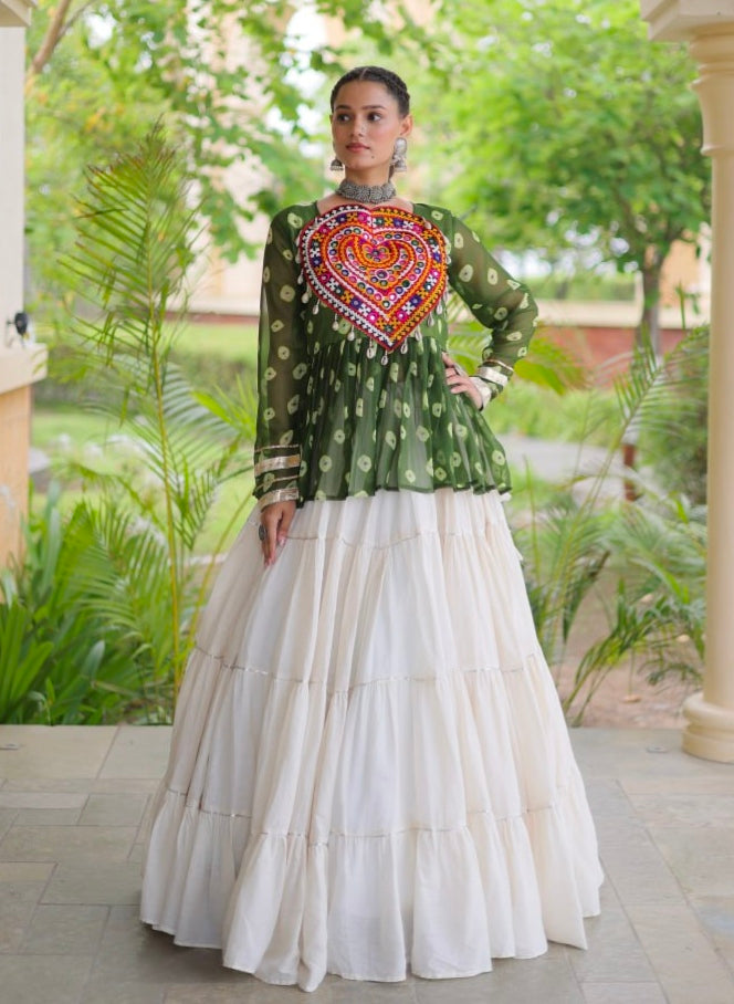 Green Pure Georgette Bandhani Print Kutchi Navratri Lehenga Choli