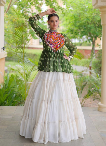 Green Pure Georgette Bandhani Print Kutchi Navratri Lehenga Choli