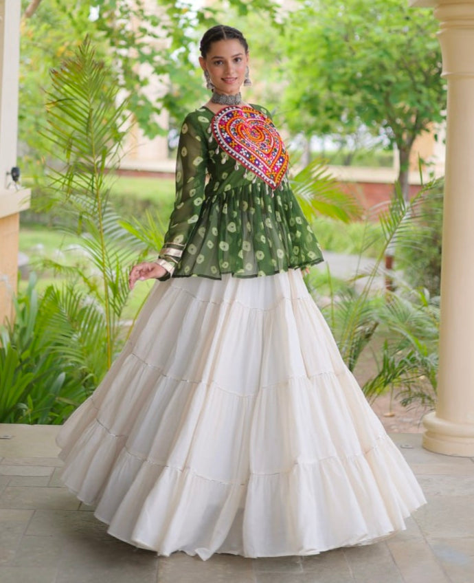 Green Pure Georgette Bandhani Print Kutchi Navratri Lehenga Choli