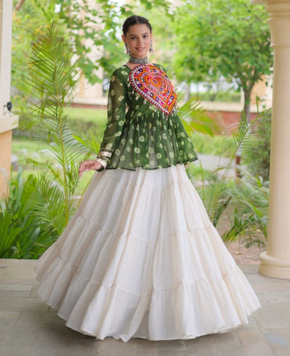 Green Pure Georgette Bandhani Print Kutchi Navratri Lehenga Choli