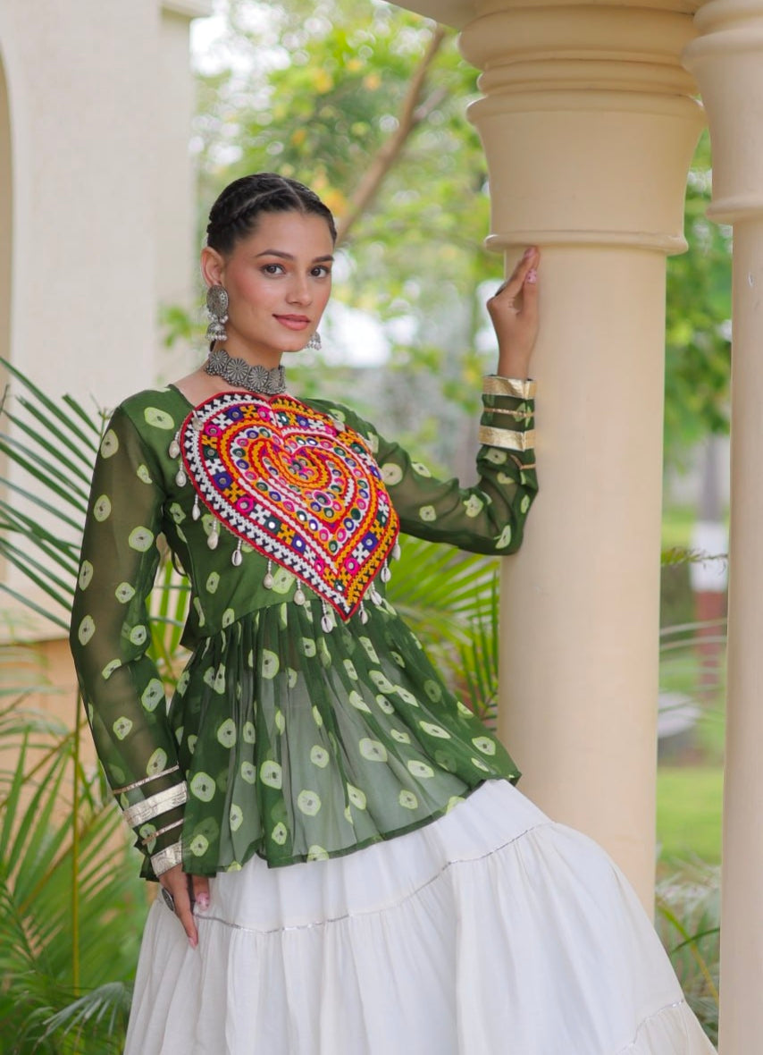Green Pure Georgette Bandhani Print Kutchi Navratri Lehenga Choli