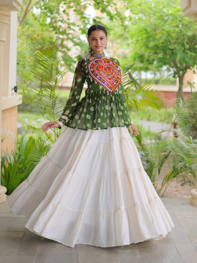 Green Pure Georgette Bandhani Print Kutchi Navratri Lehenga Choli