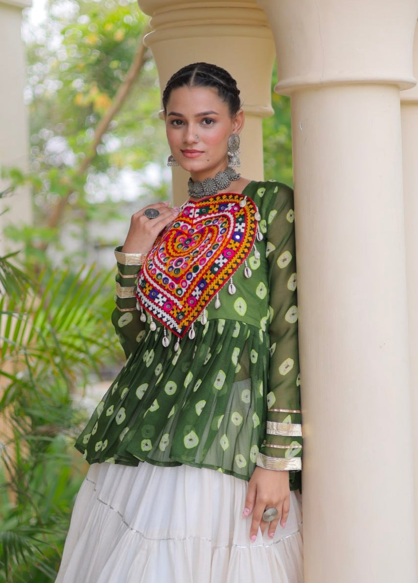 Green Pure Georgette Bandhani Print Kutchi Navratri Lehenga Choli