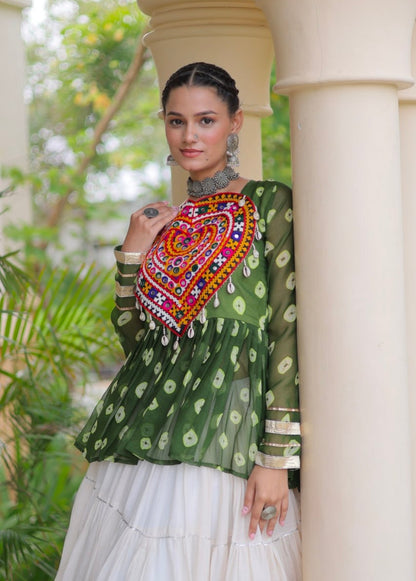 Green Pure Georgette Bandhani Print Kutchi Navratri Lehenga Choli