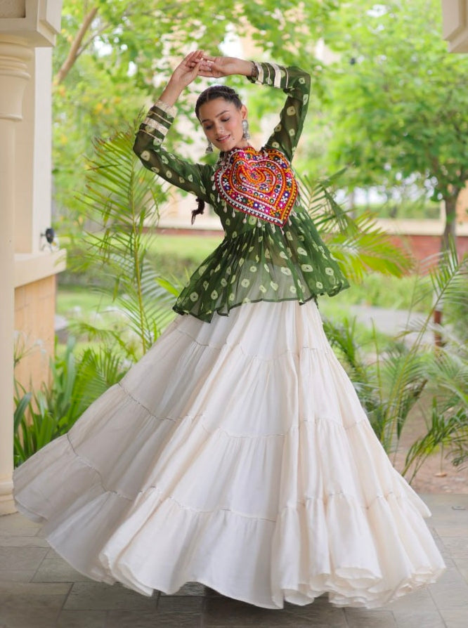 Green Pure Georgette Bandhani Print Kutchi Navratri Lehenga Choli