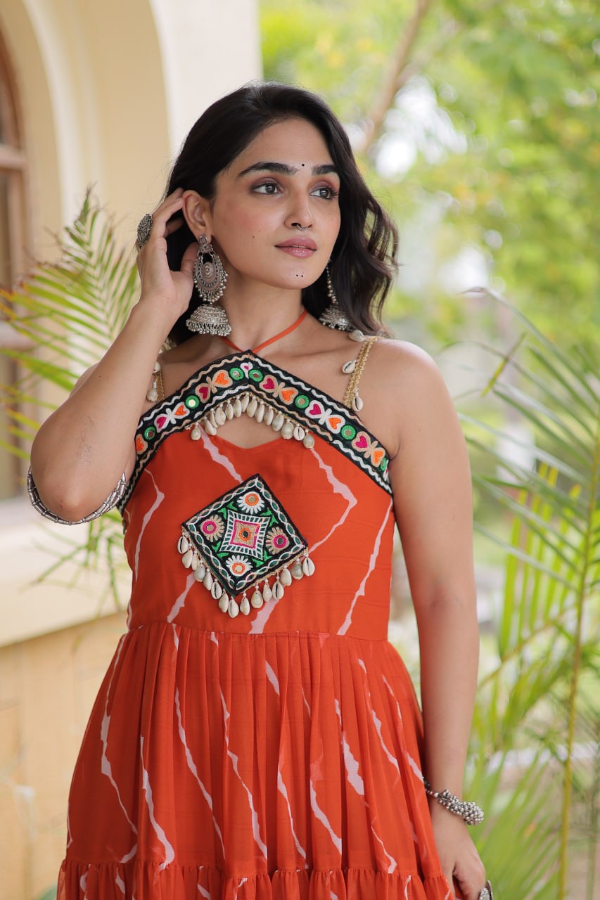 Orange Pure Faux Georgette Lahariya Print Kutchi Patchwork Anarkali Long Gown