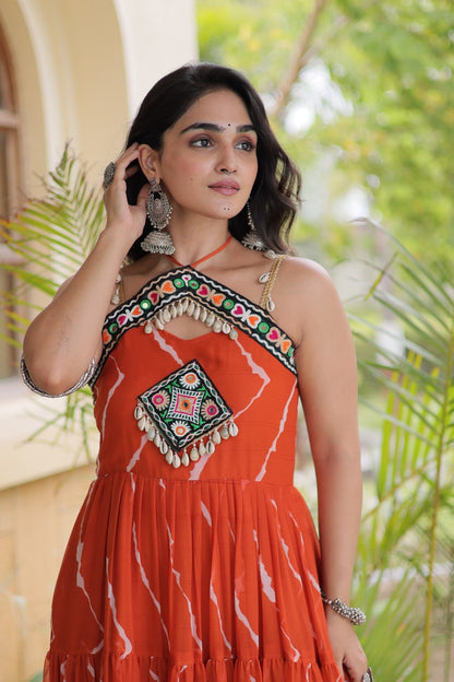 Orange Pure Faux Georgette Lahariya Print Kutchi Patchwork Anarkali Long Gown