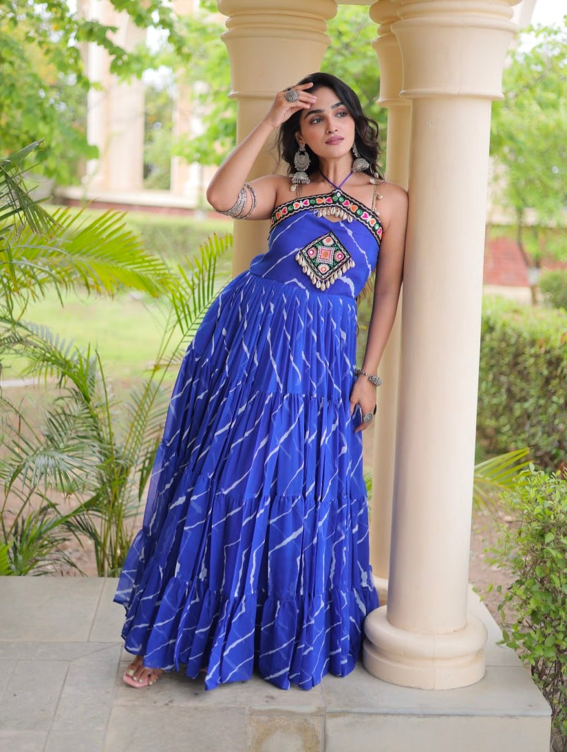 Blue Pure Faux Georgette Lahariya Print Kutchi Patchwork Anarkali Long Gown