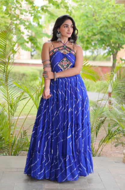 Blue Pure Faux Georgette Lahariya Print Kutchi Patchwork Anarkali Long Gown