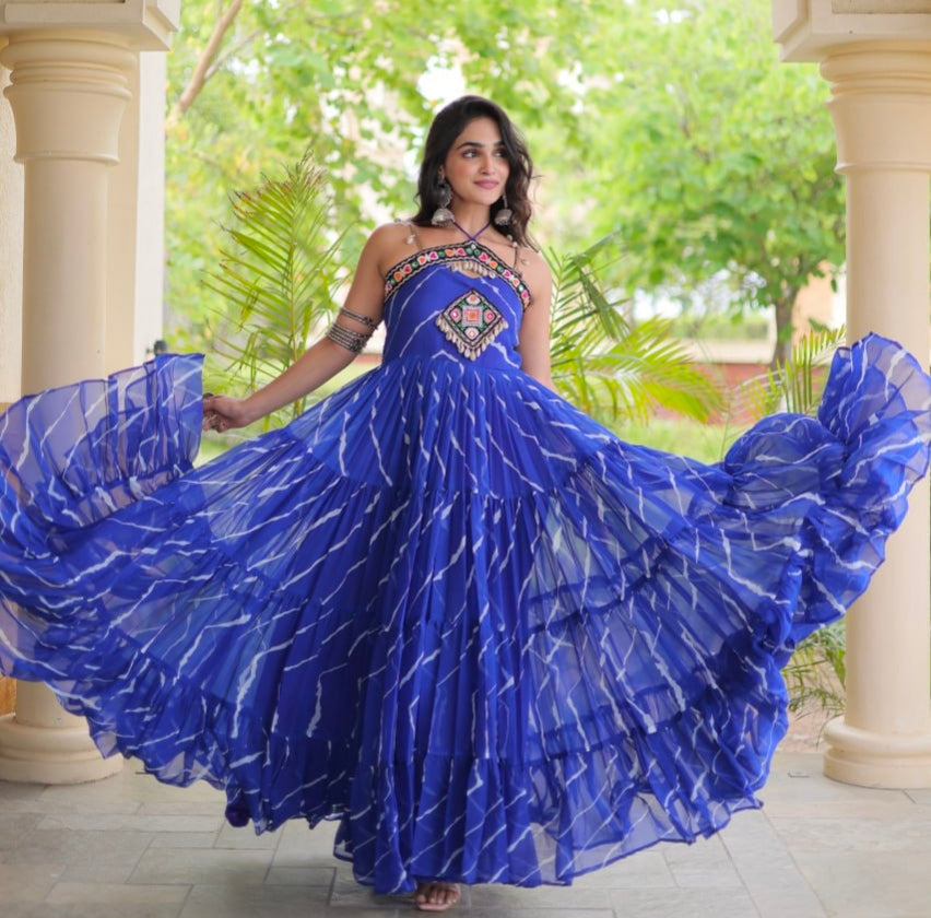 Blue Pure Faux Georgette Lahariya Print Kutchi Patchwork Anarkali Long Gown