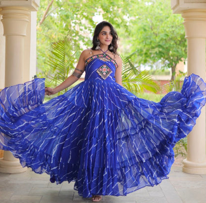 Blue Pure Faux Georgette Lahariya Print Kutchi Patchwork Anarkali Long Gown