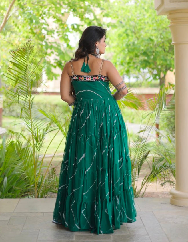 Green Pure Faux Georgette Lahariya Print Kutchi Patchwork Anarkali Long Gown