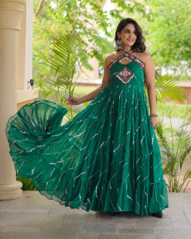 Green Pure Faux Georgette Lahariya Print Kutchi Patchwork Anarkali Long Gown