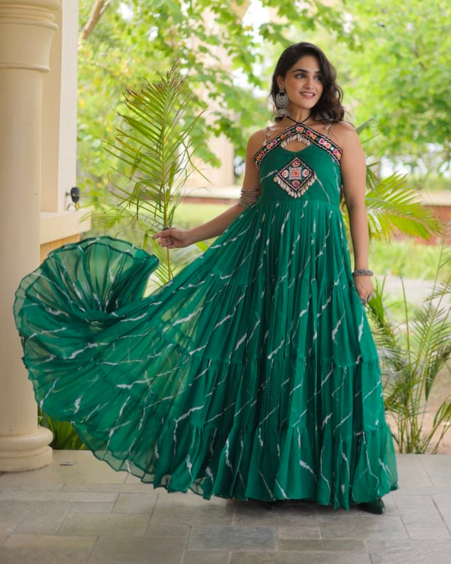Green Pure Faux Georgette Lahariya Print Kutchi Patchwork Anarkali Long Gown